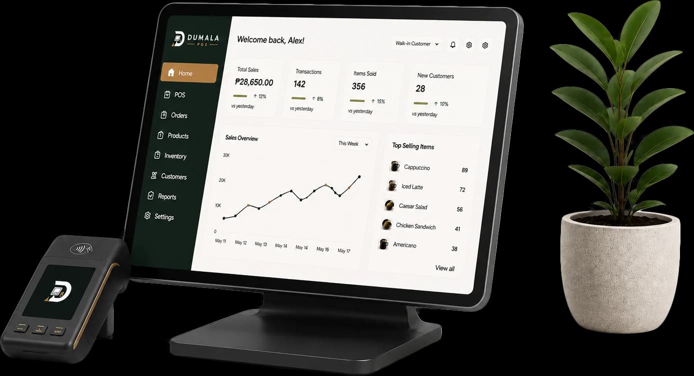 The Dumala POS owner dashboard on a counter terminal, beside a card reader